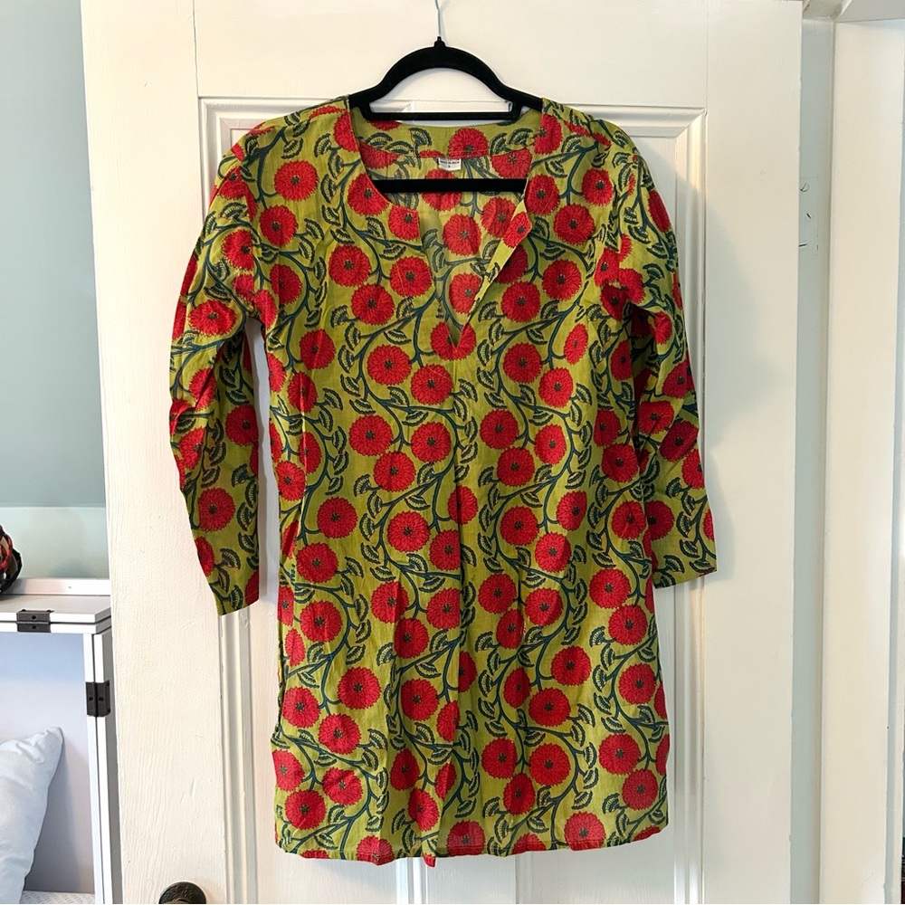 Floral Block Print Green and Red Women's Top Tunic